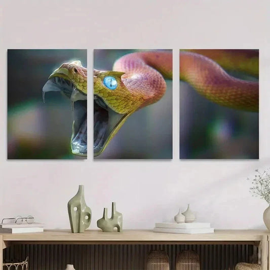 3pcs Vibrant Yellow & Orange Snake Design Metal Print Ready to Hang Art