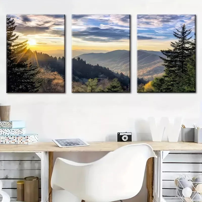 3pcs Featuring Mountain Sunset Forest Nature Wall Art Set Canvas Framed 40x60cm - High Quality Print 100% Australian Made Wall Canvas Ready to Hang
