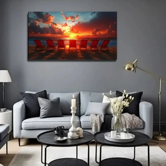 Sunset Beach Chair Perfect Wall Art Canvas Office Home Room Framed 80x45cm