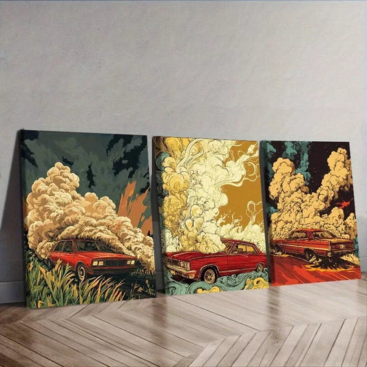 3pcss Red Car Smoke Colorful Background  Wall Art Set Canvas Framed 40x60cm - High Quality Print 100% Australian Made Wall Canvas Ready to Hang