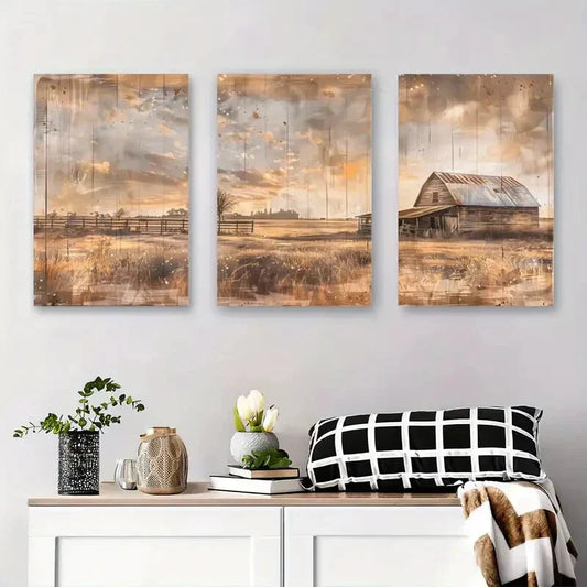 3pcs Vintage Countryside Landscape with Barn Metal Print Ready to Hang Art