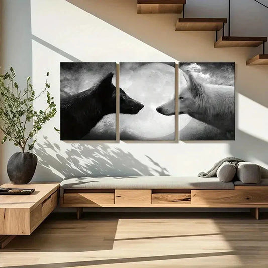 3pcs Two Wolves Under The Moon Metal Print Ready to Hang Art