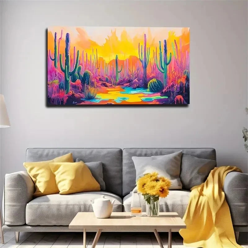 Modern Spray-Painted Cactus Wall Art Canvas Office Home Room Framed 120x60cm