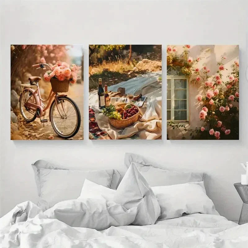 3pcs Dreamy Picnic Still Life Bicycle Rose Flowers Metal Print Ready to Hang Art
