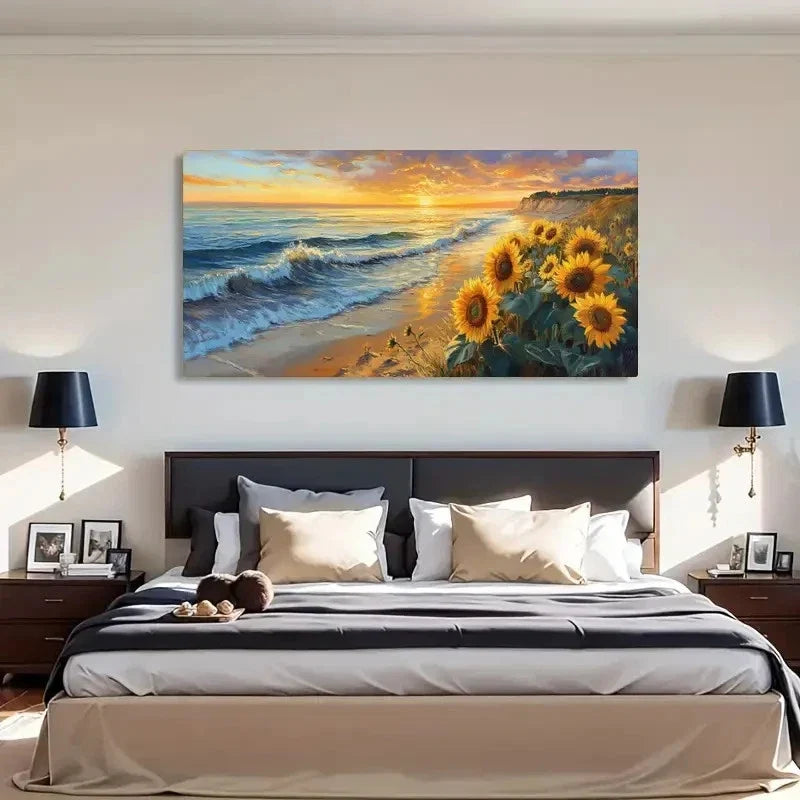 Sunflower & Beach Waves Wall Art Canvas Office Home Room Framed 120x60cm