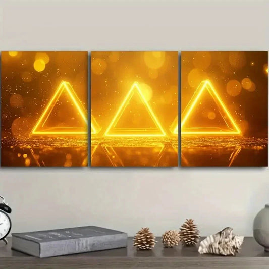 3pcs  Glowing Yellow Triangle Design Metal Print Ready to Hang Art