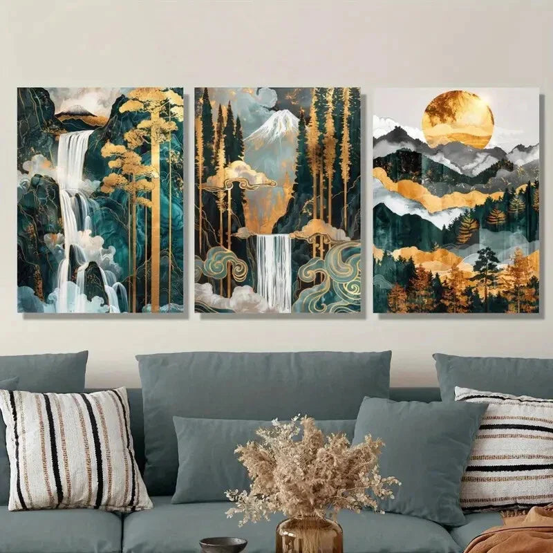 3pcs Golden Waterfall & Ink-Dyed Landscape, Metal Print Ready to Hang Art