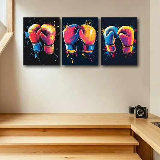 3pcs Vibrant Boxing Gloves Design Metal Print Ready to Hang Art
