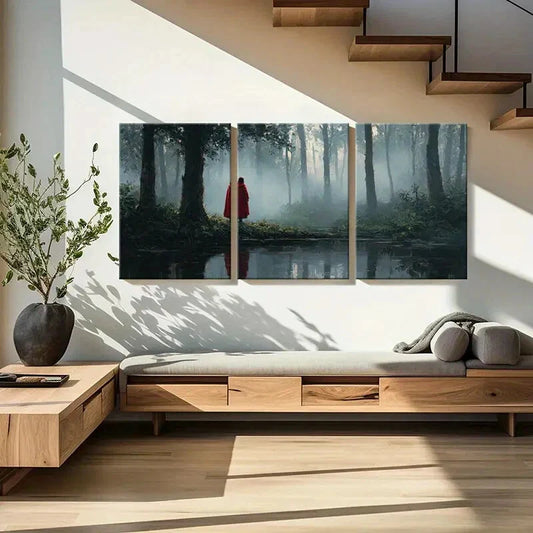 3pcs Mystical Forest Scene Red Cloak Figure Metal Print Ready to Hang Art