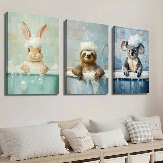 3pcs Cute Bunny Sloth Raccoon in Bathtub Wall Art Set Canvas Framed 40x60cm - High Quality Print 100% Australian Made Wall Canvas Ready to Hang
