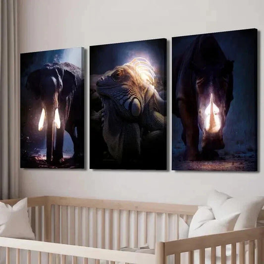 3pcs Glowing Elephant Iguana & Rhino Wall Art Set Canvas Framed 40x60cm - High Quality Print 100% Australian Made Wall Canvas Ready to Hang
