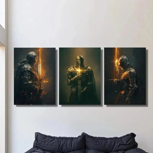 3pcs  Flame knight art of knight wearing full armor  Metal Print Ready to Hang Art