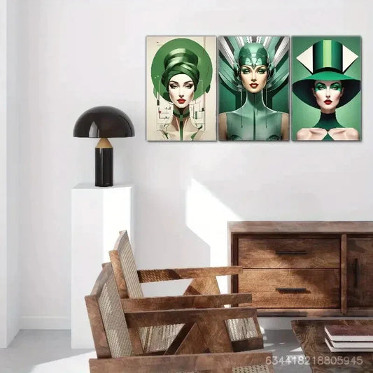 3pcs Goddess, Avantgarde Green Elegance Metal Print Ready to Hang Art