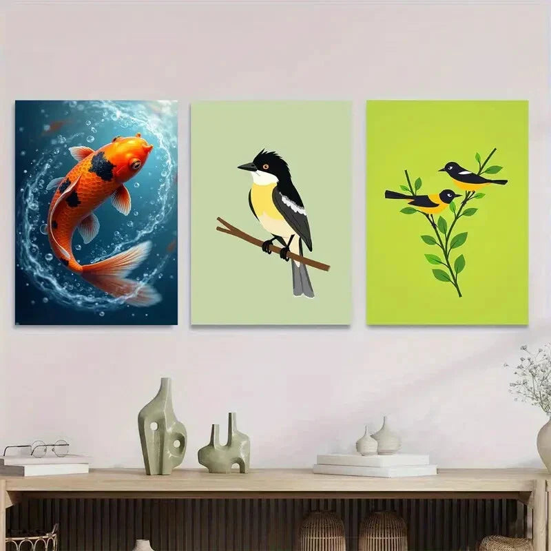 3pcs Colorful Fish and Birds Vibrant Nature Wall Art Set Canvas Framed 40x60cm - High Quality Print 100% Australian Made Wall Canvas Ready to Hang