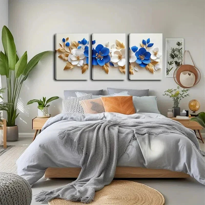 3pcs Blue & White Floral Design Triptych Perfect Wall Art Set Canvas Framed 40x60cm - High Quality Print 100% Australian Made Wall Canvas Ready to Hang