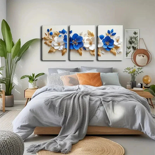 3pcs Blue & White Floral Design Triptych Perfect Wall Art Set Canvas Framed 40x60cm - High Quality Print 100% Australian Made Wall Canvas Ready to Hang