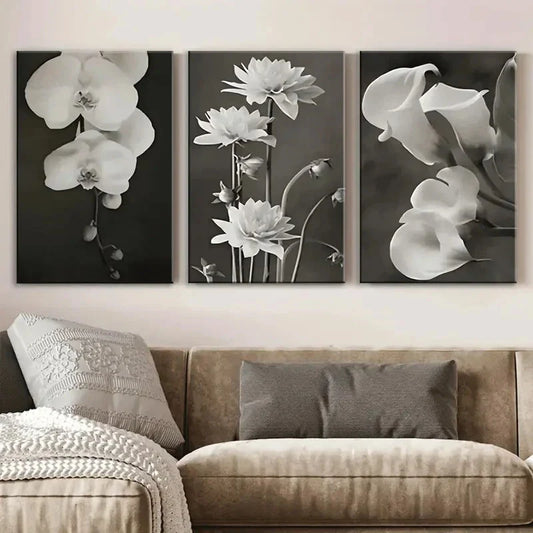 3pcs Black and White Floral Modern Styles Metal Print Ready to Hang Art