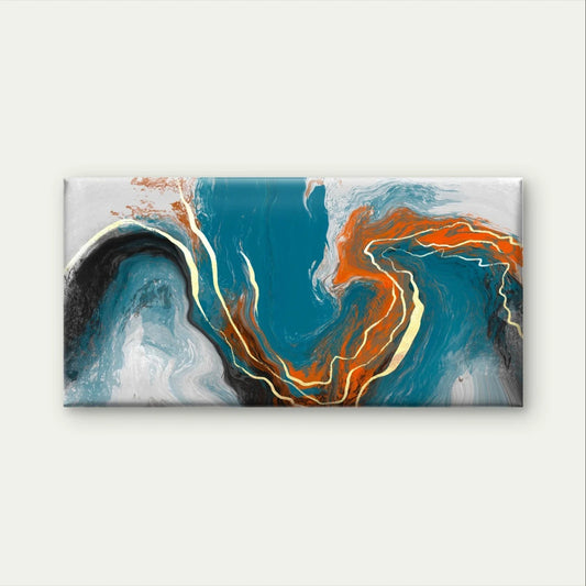 Blue, Orange and Gold Abstract Fluid Wall Art Canvas Office Home Framed 80x45cm