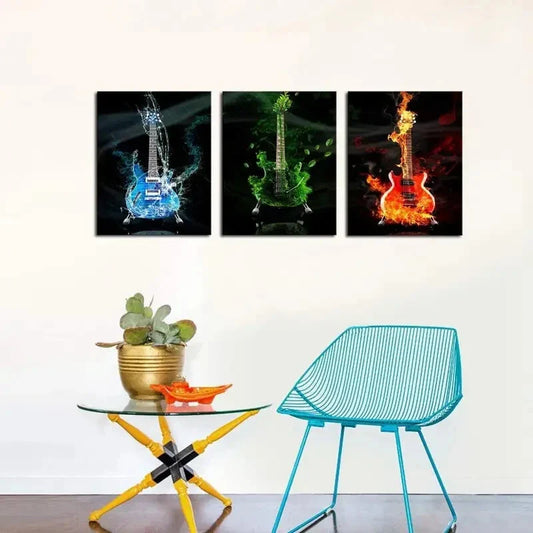 3pcs   Red & Green & Blue Guit ar Painting Metal Print Ready to Hang Art