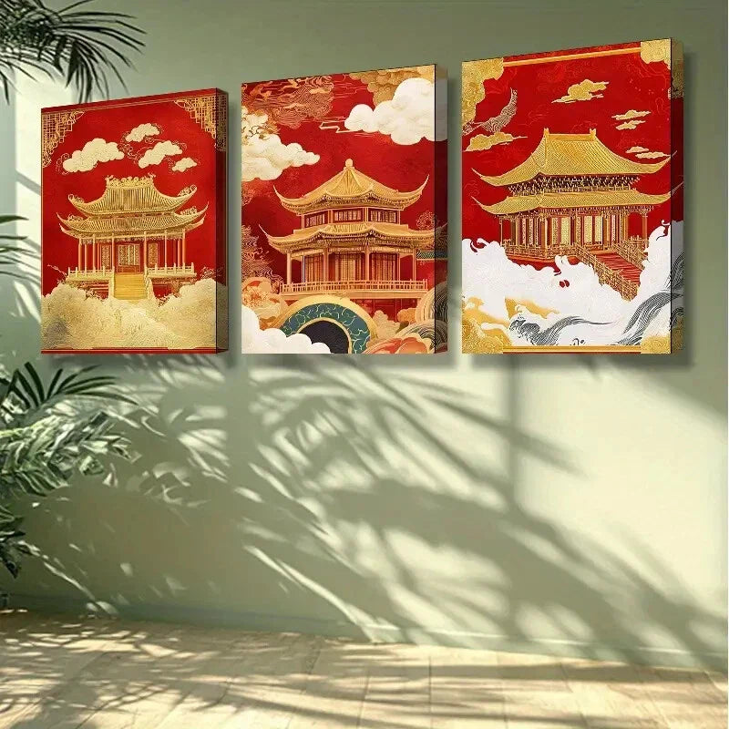 3pcs Pavilion Art Painting Wall Art Set Canvas Framed 40x60cm - High Quality Print 100% Australian Made Wall Canvas Ready to Hang