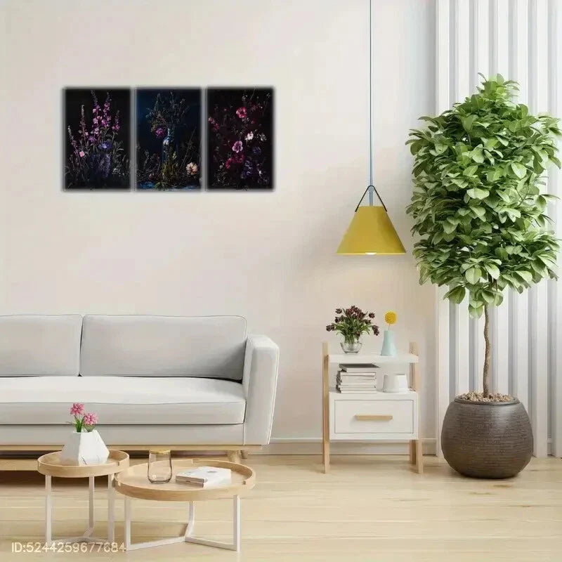 3pcs Red Blooms on a Dark Backdrop Floral Design Metal Print Ready to Hang Art