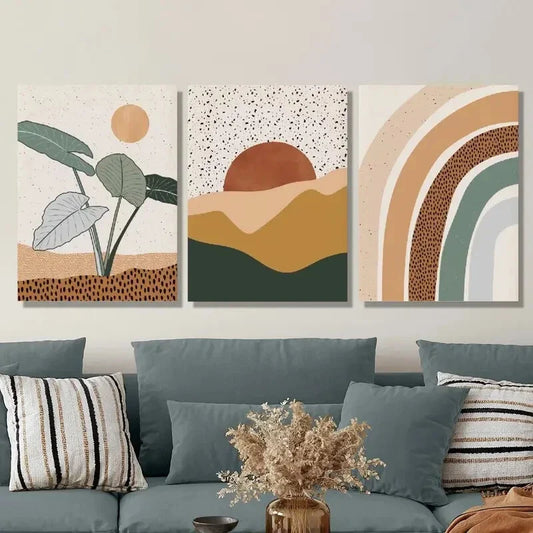 3pcs Boho Style Wall Painting, Sunset, Pastoral, LMetal Print Ready to Hang Art