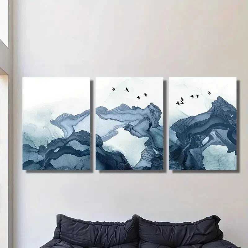 3pcs Soft blue smoke waves and birds, Metal Print Ready to Hang Art