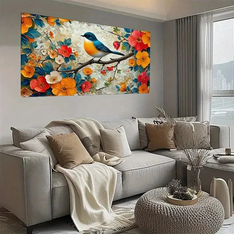 Vibrant Floral & Bird Scene Wall Art wall canvas office home room framed 120x60cm