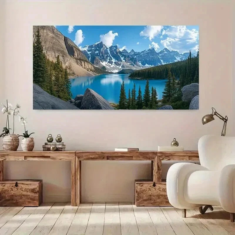 Snowy Peaks Trees Lake wall canvas office home room framed 120x60cm