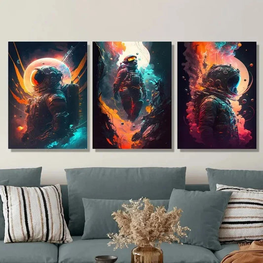 3pcs Fantasy Astronaut Classic Modern Metal Print Ready to Hang Art