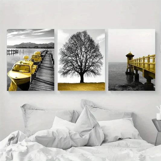 3pcs Modern Boat and Bridge with Tree Metal Print Ready to Hang Art