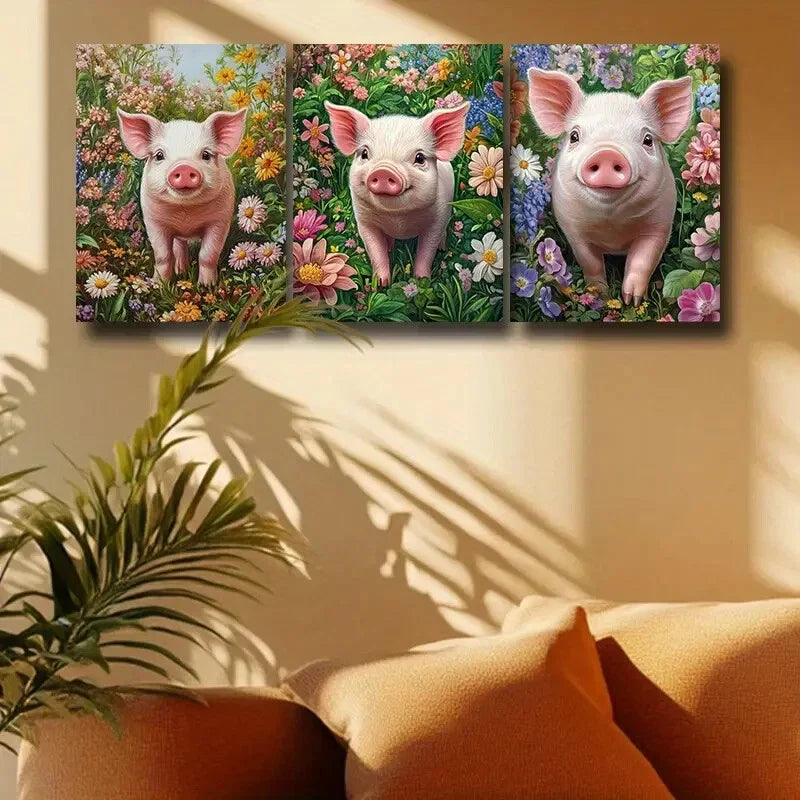3pcs Pink Pig with Vibrant Floral Background Metal Print Ready to Hang Art