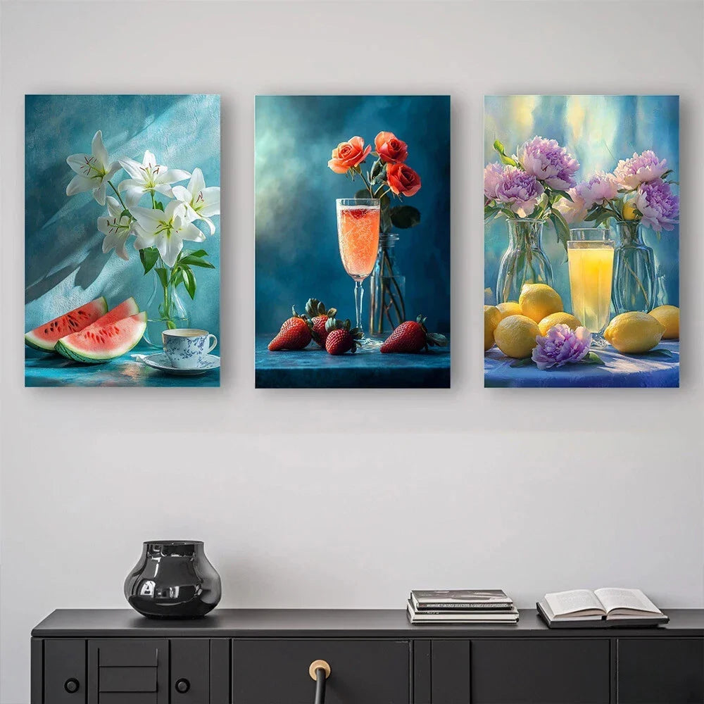 3pcs Abstract Fruit and Beverage Metal Print Ready to Hang Art