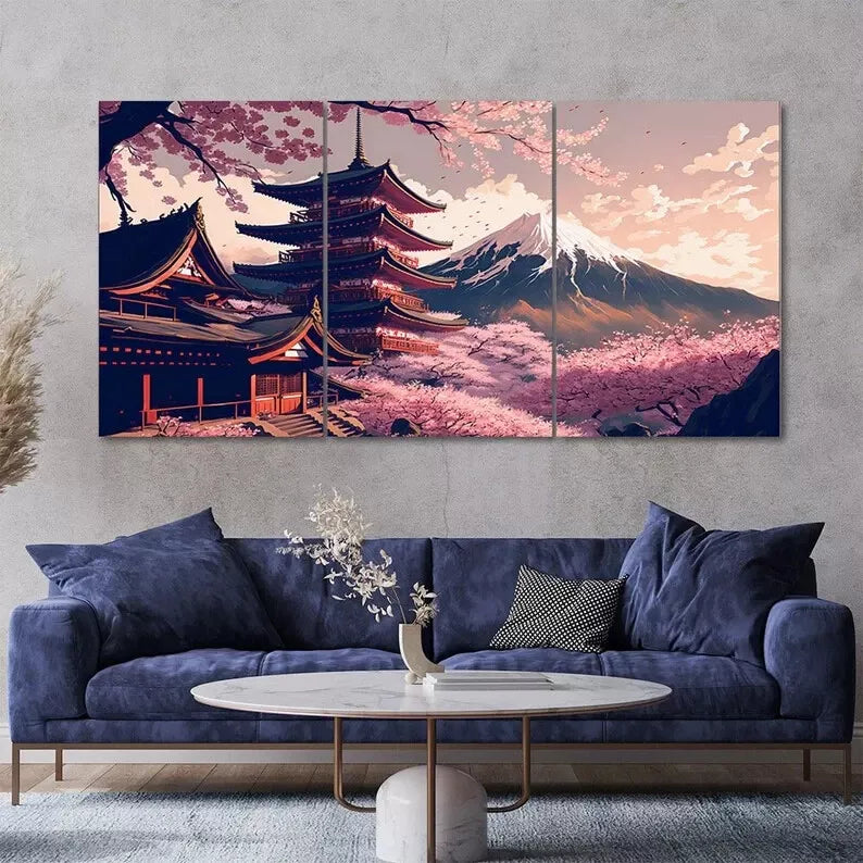 3 Piece Beautiful Mount Fuji Japanese Temple Canvas Framed 40x60cm - High Quality Print 100% Australian Made Wall Canvas Ready to Hang