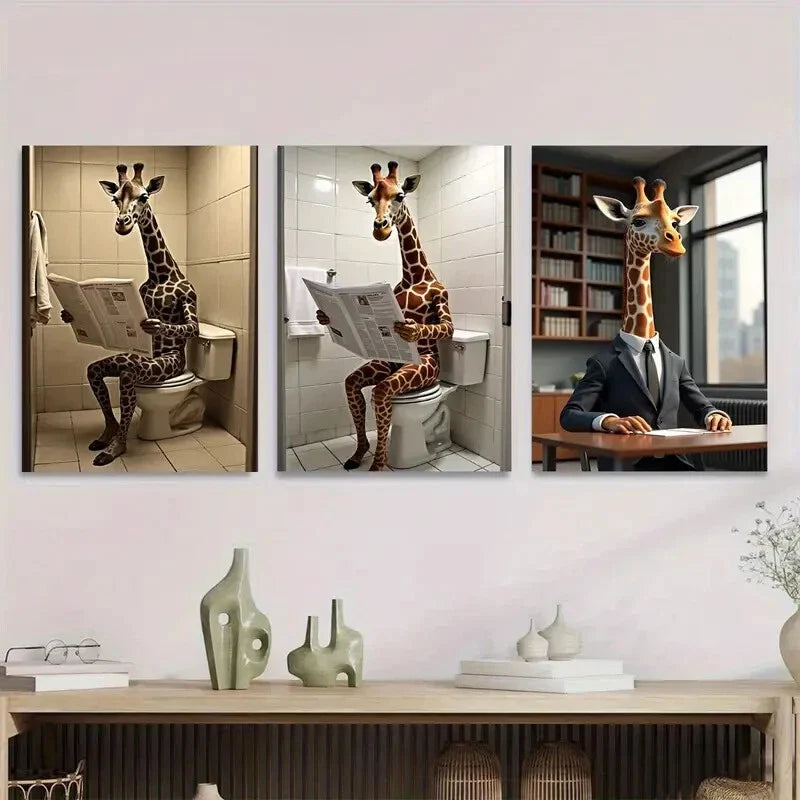 3pcs Giraffe Reading Newspapers Modern & Classic Wall Art Set Canvas Framed 40x60cm - High Quality Print 100% Australian Made Wall Canvas Ready to Hang
