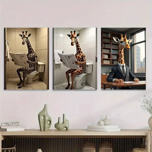 3pcs Giraffe Reading Newspapers Modern & Classic Wall Art Set Canvas Framed 40x60cm - High Quality Print 100% Australian Made Wall Canvas Ready to Hang