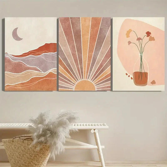 3pcs Abstract Sun And Moon Burnt Orange Bohemian Metal Print Ready to Hang Art