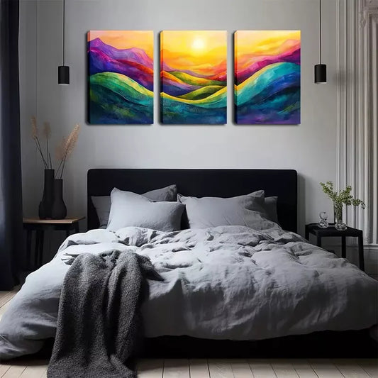 3pcs Abstract Mountain And Sunrise Wall Art Set Canvas Framed 40x60cm - High Quality Print 100% Australian Made Wall Canvas Ready to Hang