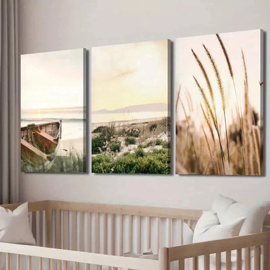 3pcs Sunset and Boats on The Coast Wall Art Set Canvas Framed 40x60cm - High Quality Print 100% Australian Made Wall Canvas Ready to Hang