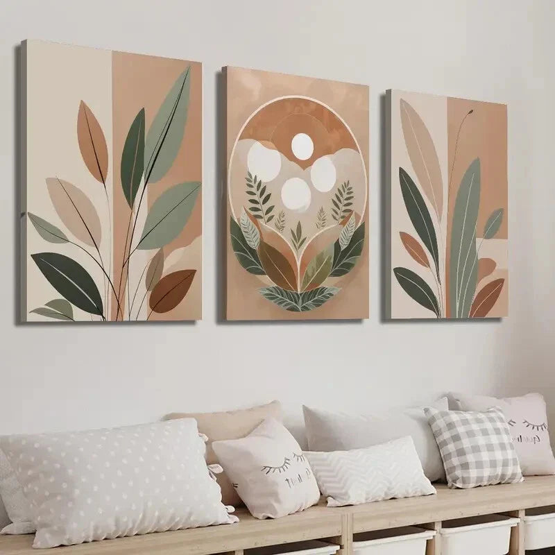 3pcs Bohemian Style Leaf & Nature Elements Wall Art Set Canvas Framed 40x60cm - High Quality Print 100% Australian Made Wall Canvas Ready to Hang