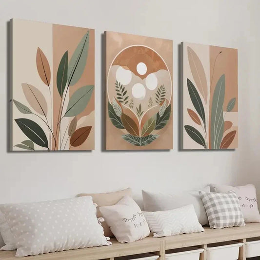 3pcs Bohemian Style Leaf & Nature Elements Wall Art Set Canvas Framed 40x60cm - High Quality Print 100% Australian Made Wall Canvas Ready to Hang