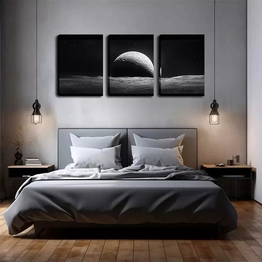 3pcs The Moon In The Universe Wall Art Set Canvas Framed 40x60cm - High Quality Print 100% Australian Made Wall Canvas Ready to Hang