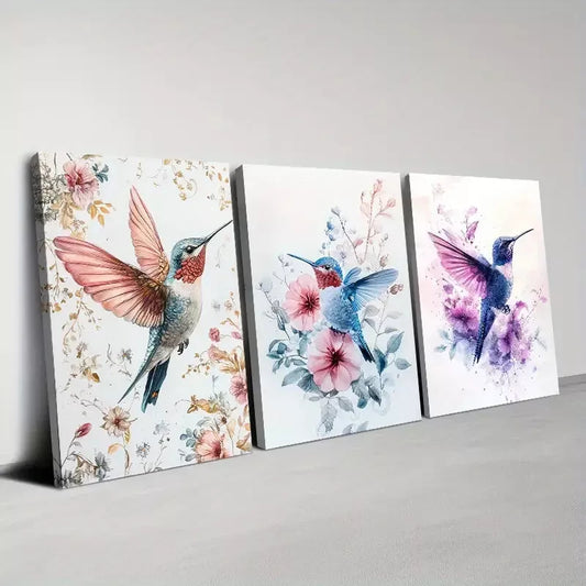 3pcs Colorful Plants And Hummingbird Flying Wall Art Set Canvas Framed 40x60cm - High Quality Print 100% Australian Made Wall Canvas Ready to Hang