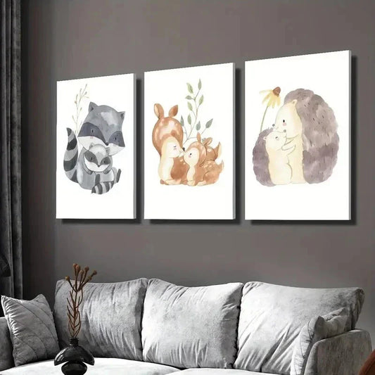 3pcs Raccoon Hedgehog Squirrel Families Wall Art Set Canvas Framed 40x60cm - High Quality Print 100% Australian Made Wall Canvas Ready to Hang