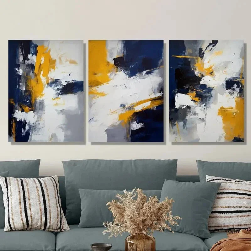 3pcs Abstract Yellow and Blue Metal Print Ready to Hang Art