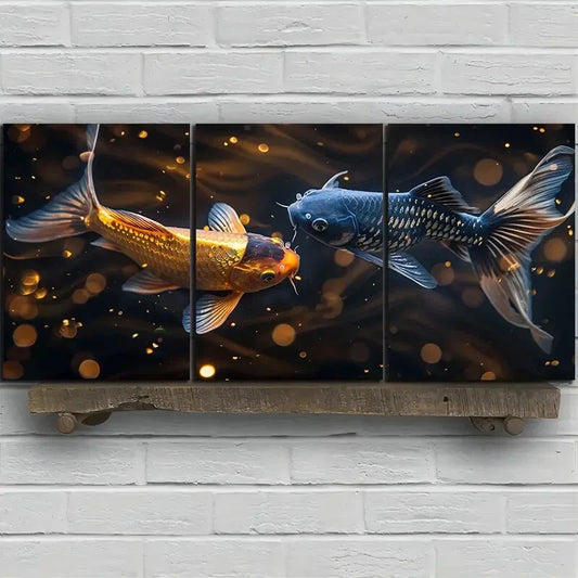 3pcs Koi Fish Modern Golden Blue Fish Metal Print Ready to Hang Art