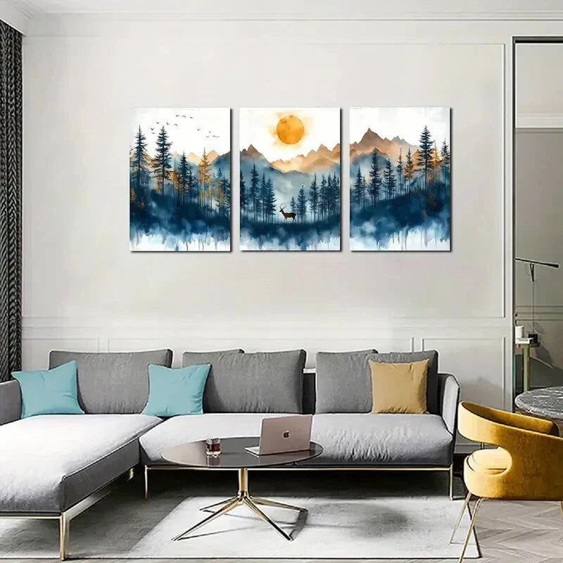 3pcs Tranquil Blue & Golden Landscape  Metal Print Ready to Hang Art