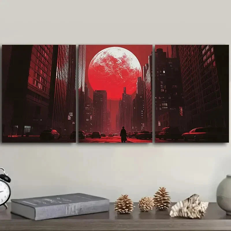 3pcs  The Moon Over the City  Wall Art Set Canvas Framed 40x60cm - High Quality Print 100% Australian Made Wall Canvas Ready to Hang