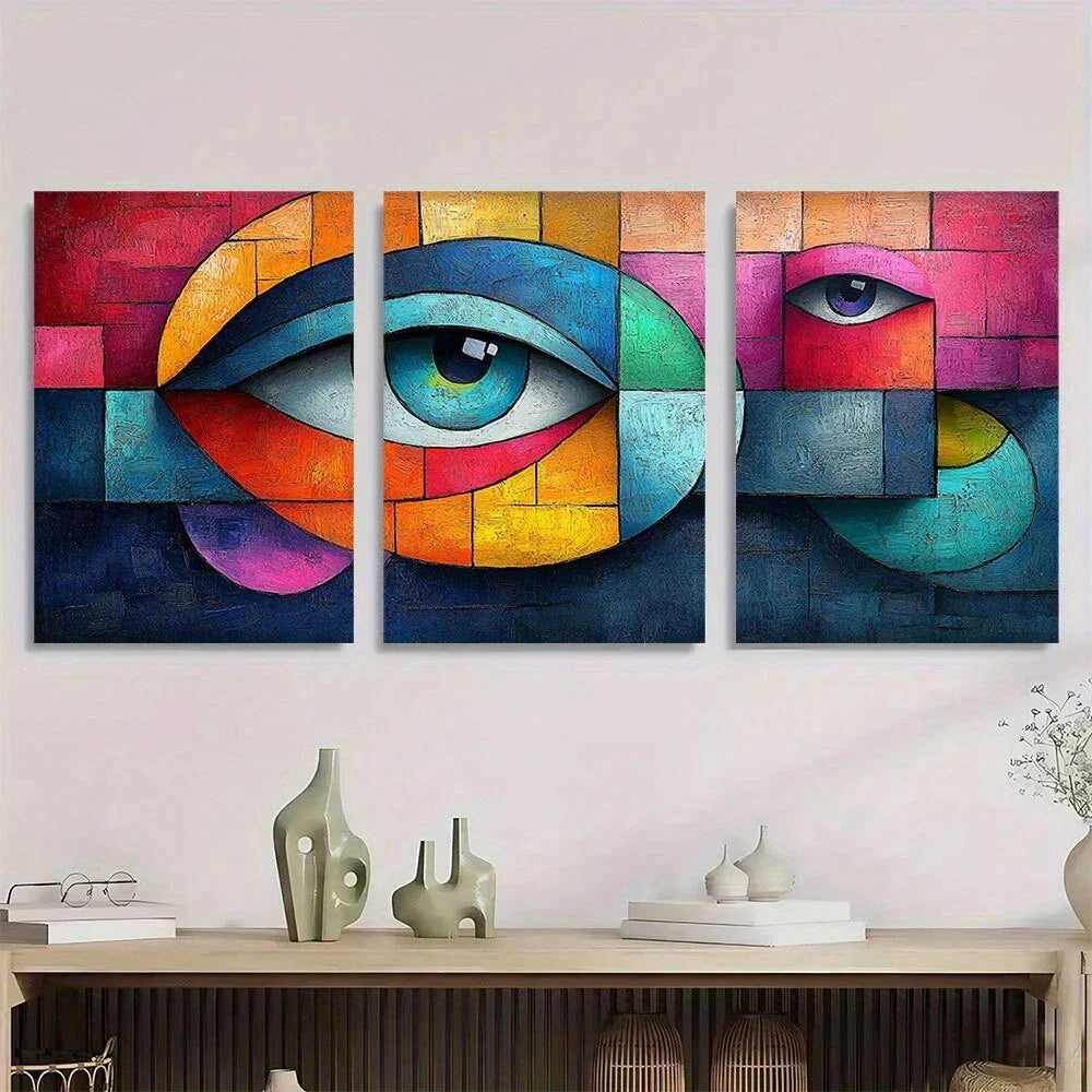3pcs Vibrant Cubist Abstract Oil Painting Colorful Metal Print Ready to Hang Art