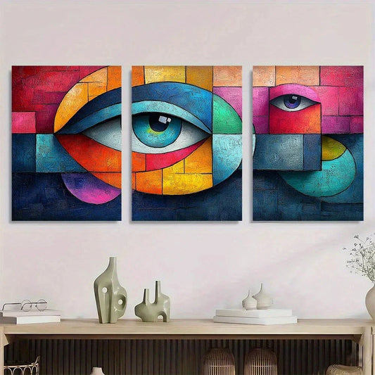 3pcs Vibrant Cubist Abstract Oil Painting Colorful Metal Print Ready to Hang Art